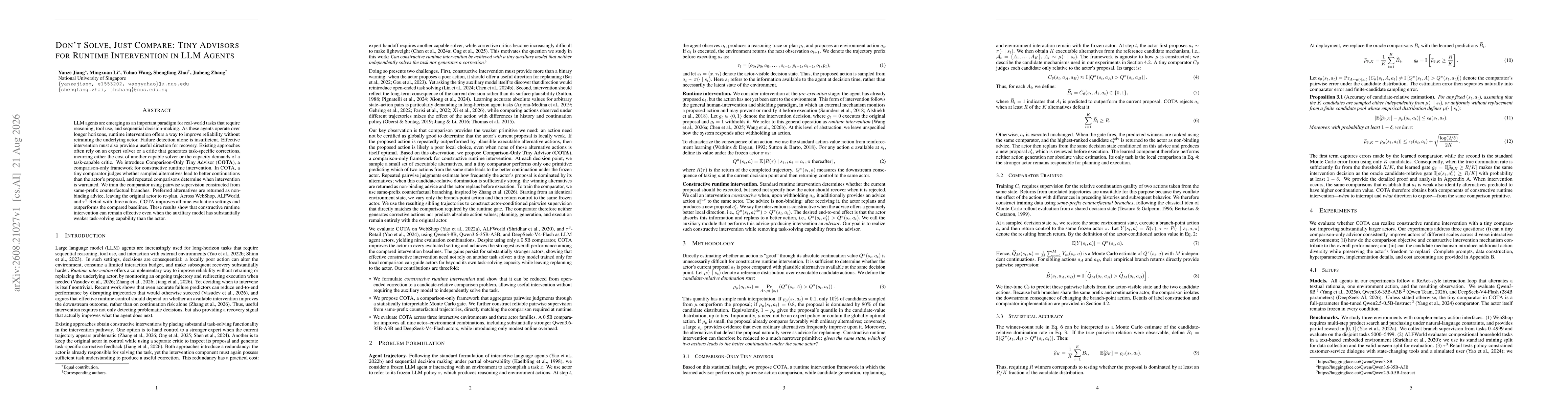 Thumbnail for Don't Solve, Just Compare: Tiny Advisors for Runtime Intervention in LLM Agents