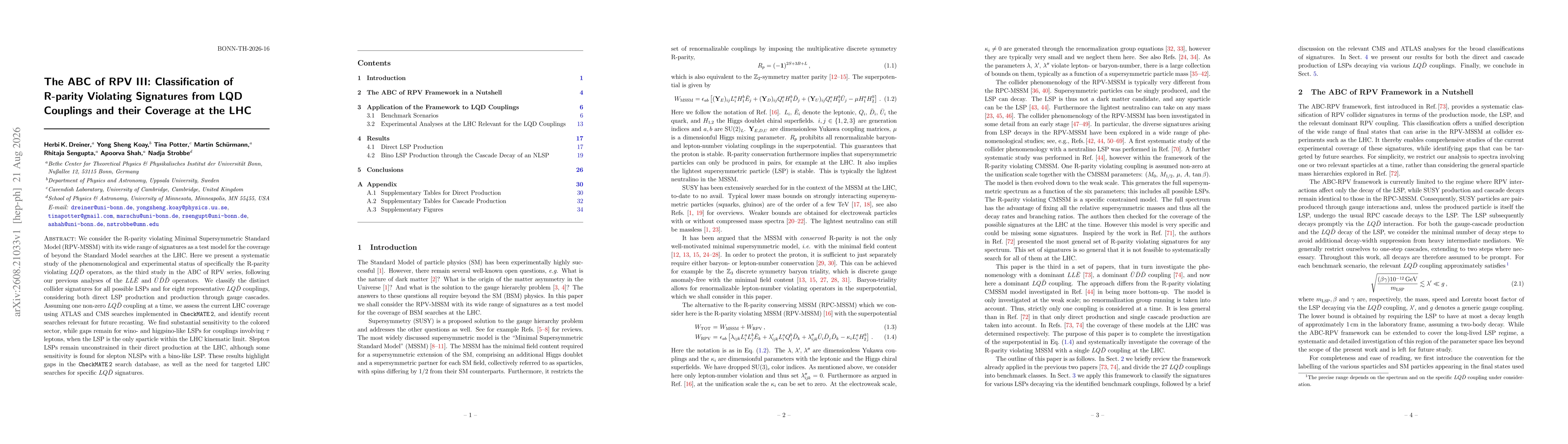 Thumbnail for The ABC of RPV III: Classification of R-parity Violating Signatures from LQD Couplings and their Coverage at the LHC