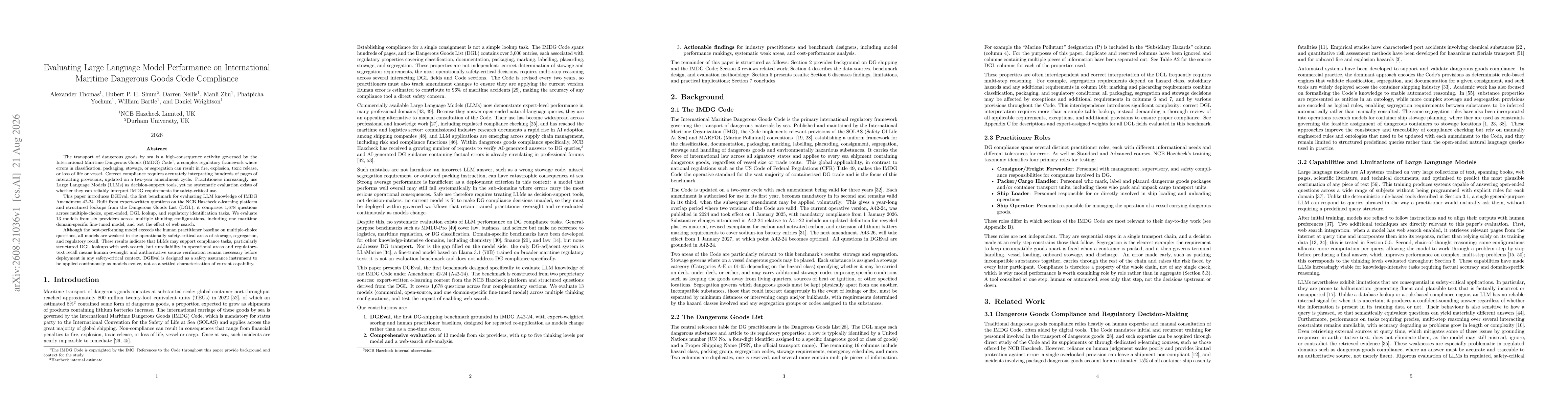 Thumbnail for Evaluating Large Language Model Performance on International Maritime Dangerous Goods Code Compliance