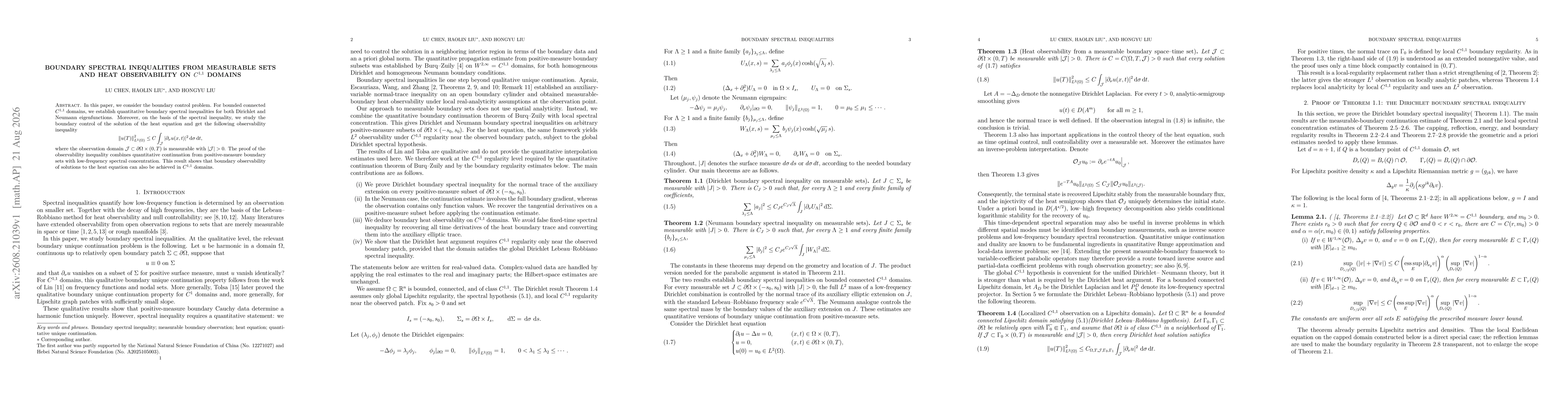 Thumbnail for Boundary Spectral Inequalities from Measurable Sets and Heat Observability on $C^{1,1}$ Domains