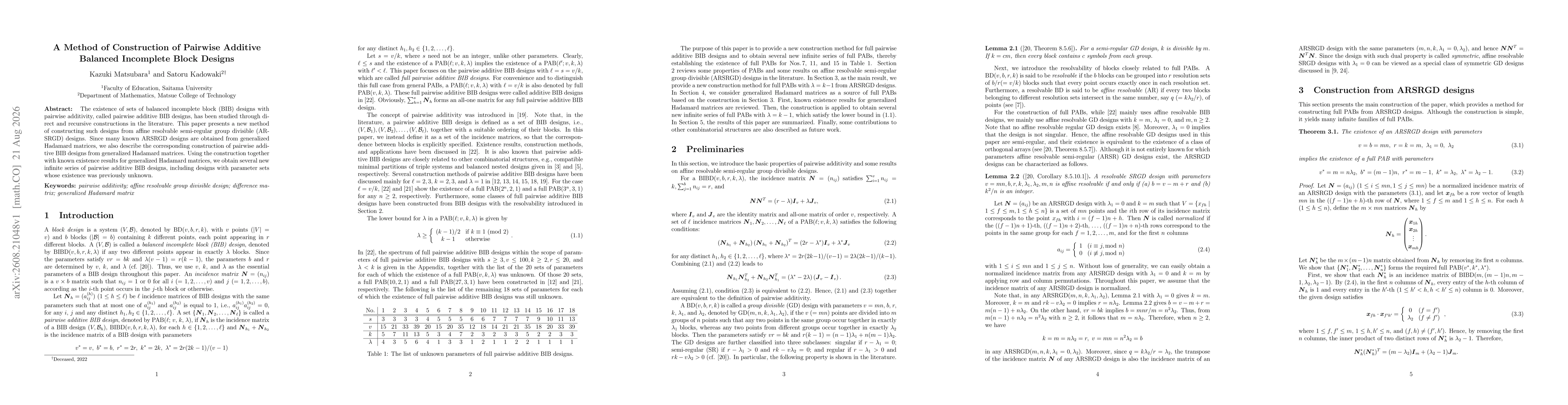 Thumbnail for A Method of Construction of Pairwise Additive Balanced Incomplete Block Designs