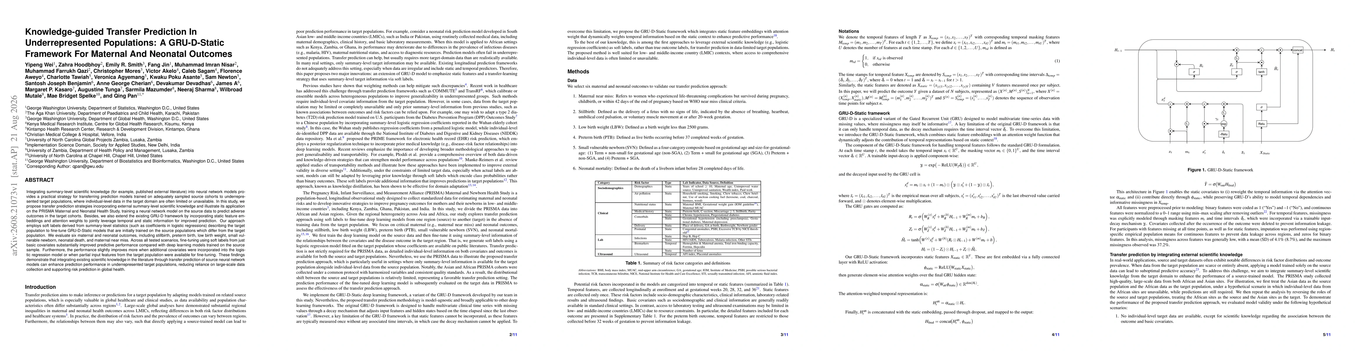 Thumbnail for Knowledge-guided Transfer Prediction In Underrepresented Populations: A GRU-D-Static Framework For Maternal And Neonatal Outcomes