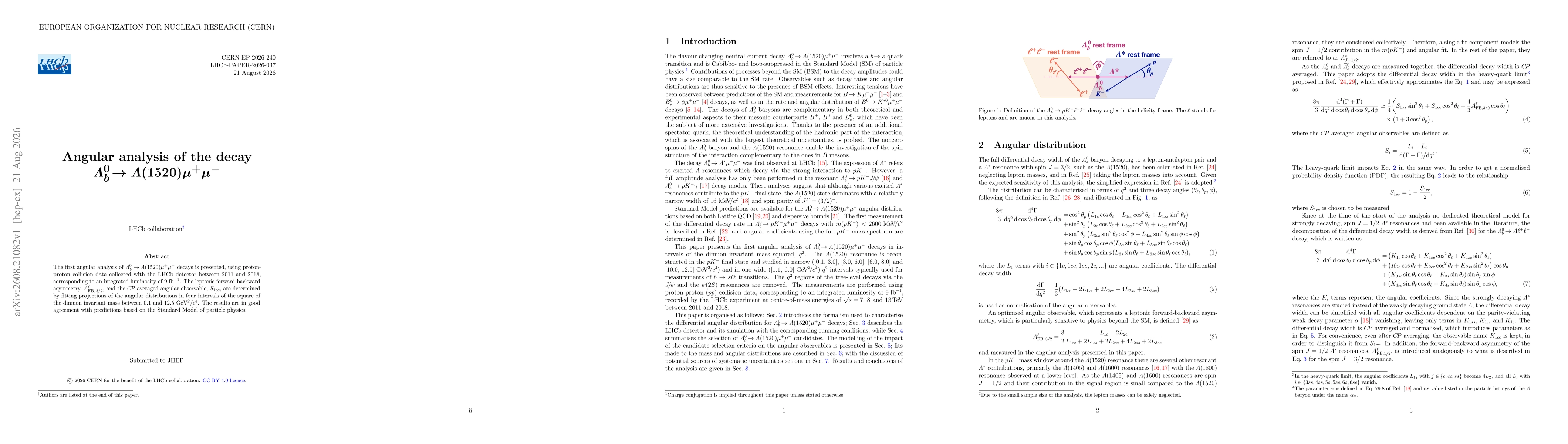 Thumbnail for Angular analysis of the decay ${\it Λ}_{\it b}^{0} \to {\it Λ}(1520){\it μ^{+}μ^{-}}$