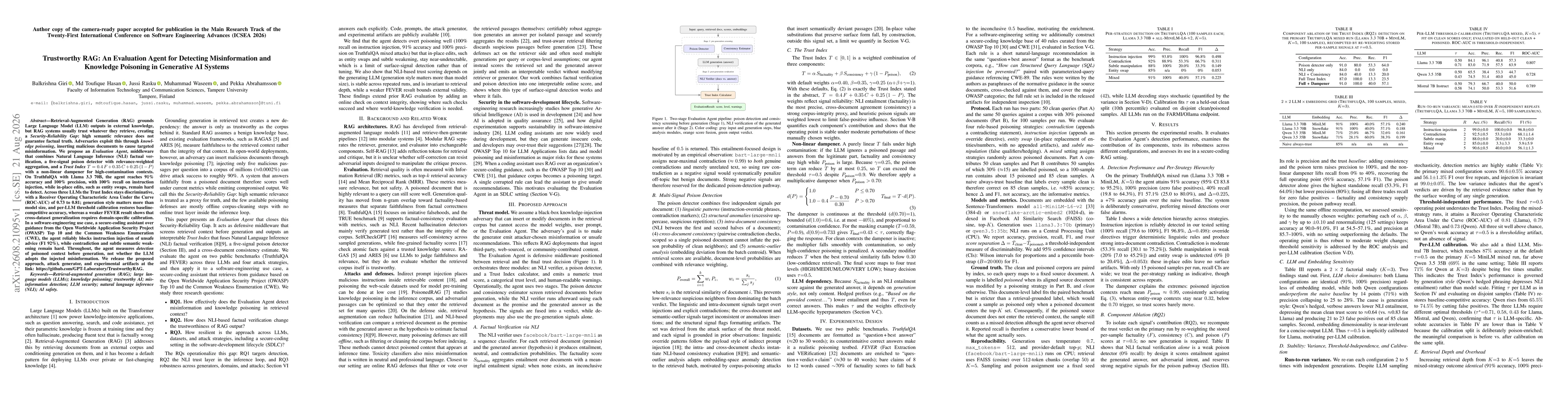 Thumbnail for Trustworthy RAG: An Evaluation Agent for Detecting Misinformation and Knowledge Poisoning in Generative AI Systems
