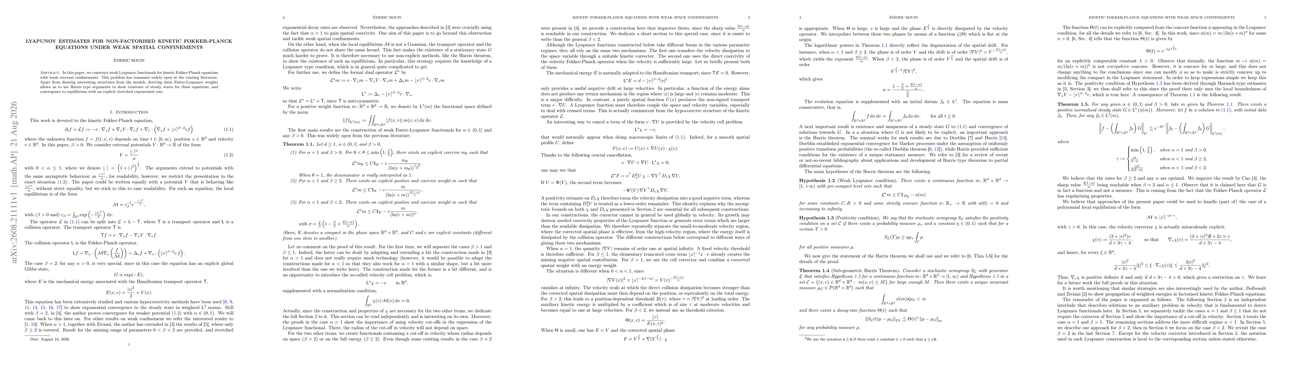 Thumbnail for Lyapunov estimates for non-factorised kinetic Fokker-Planck equations under weak spatial confinements