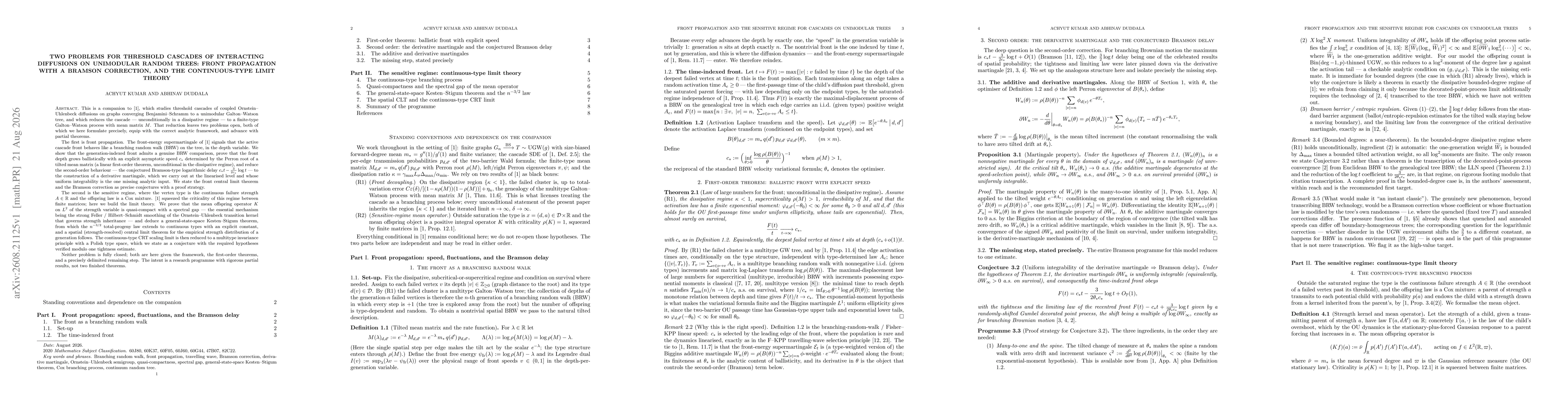 Thumbnail for Two problems for threshold cascades of interacting diffusions on unimodular random trees: front propagation with a Bramson correction, and the continuous-type limit theory