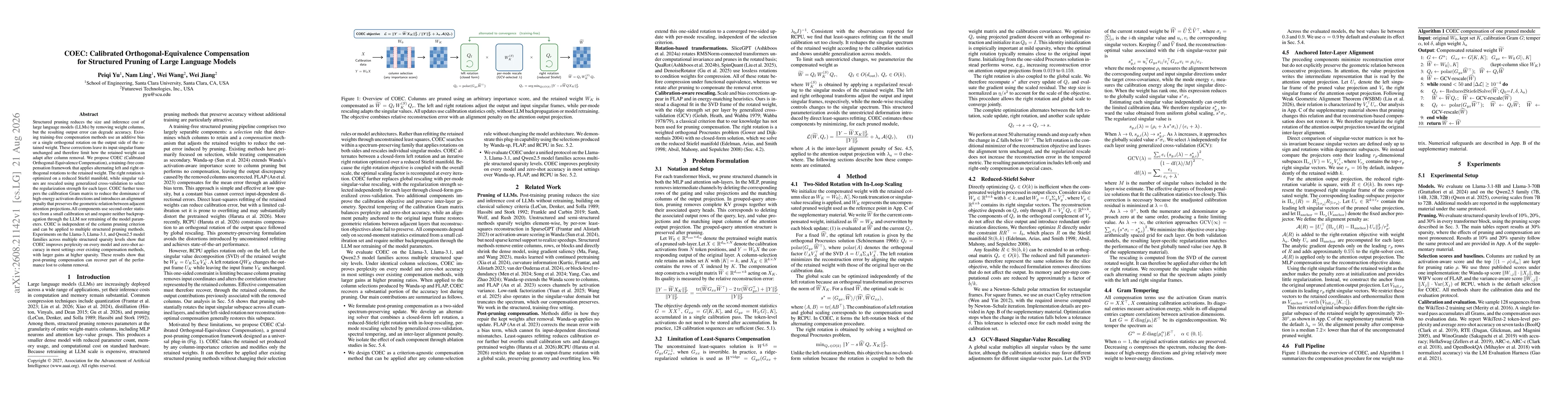 Thumbnail for COEC: Calibrated Orthogonal-Equivalence Compensation for Structured Pruning of Large Language Models