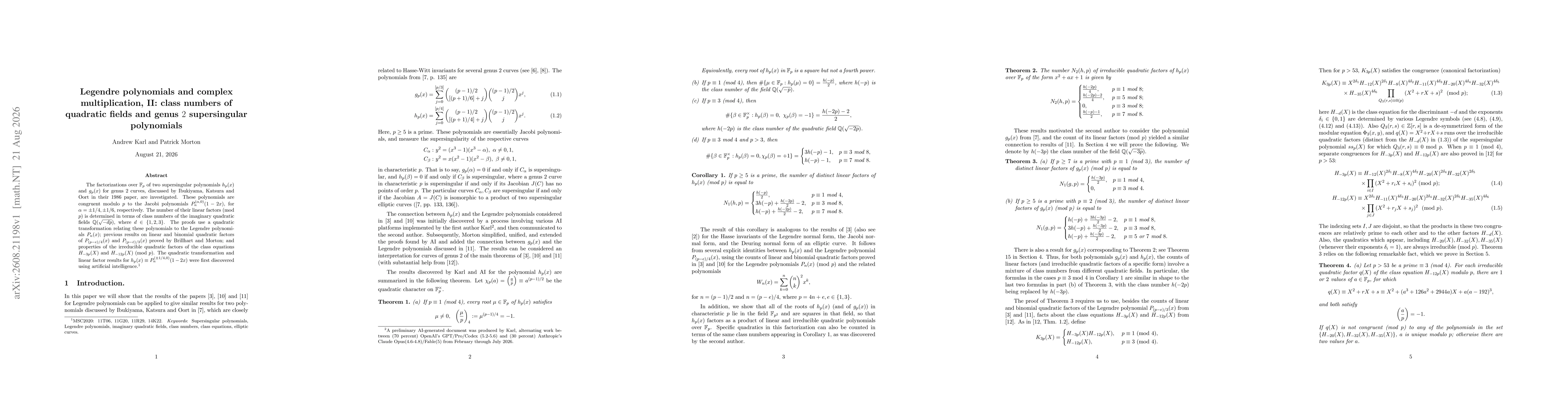 Thumbnail for Legendre polynomials and complex multiplication, II: class numbers of quadratic fields and genus 2 supersingular polynomials