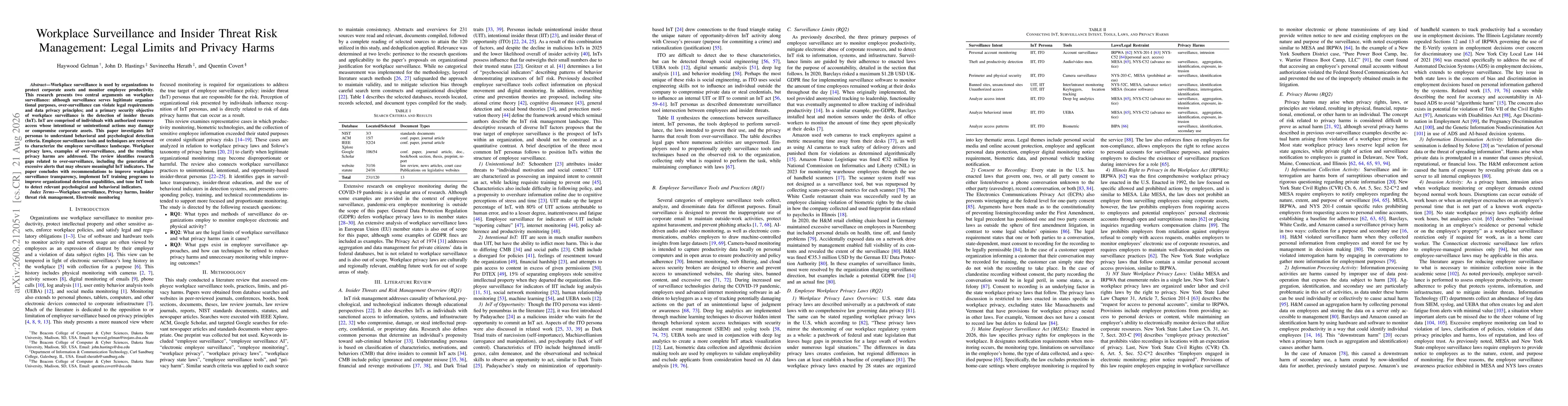 Thumbnail for Workplace Surveillance and Insider Threat Risk Management: Legal Limits and Privacy Harms