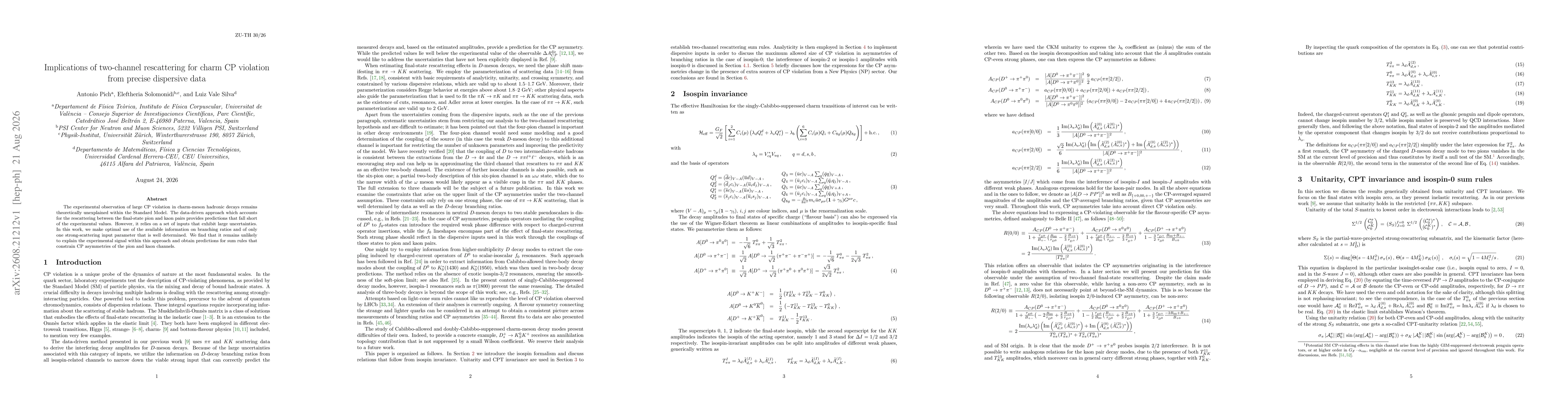 Thumbnail for Implications of two-channel rescattering for charm CP violation from precise dispersive data