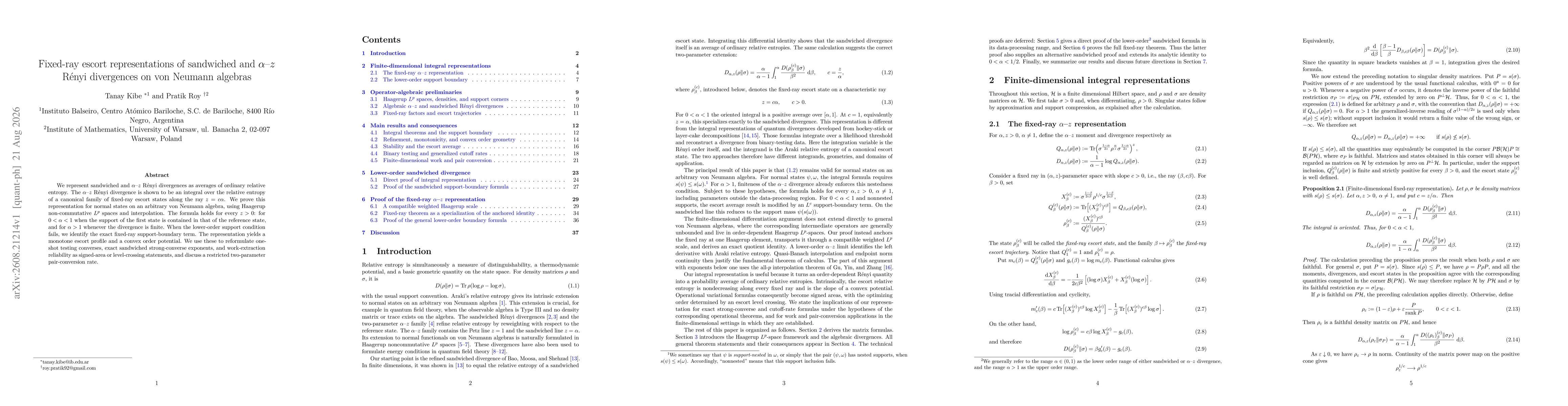 Thumbnail for Fixed-ray escort representations of sandwiched and $α$--$z$ Rényi divergences on von Neumann algebras