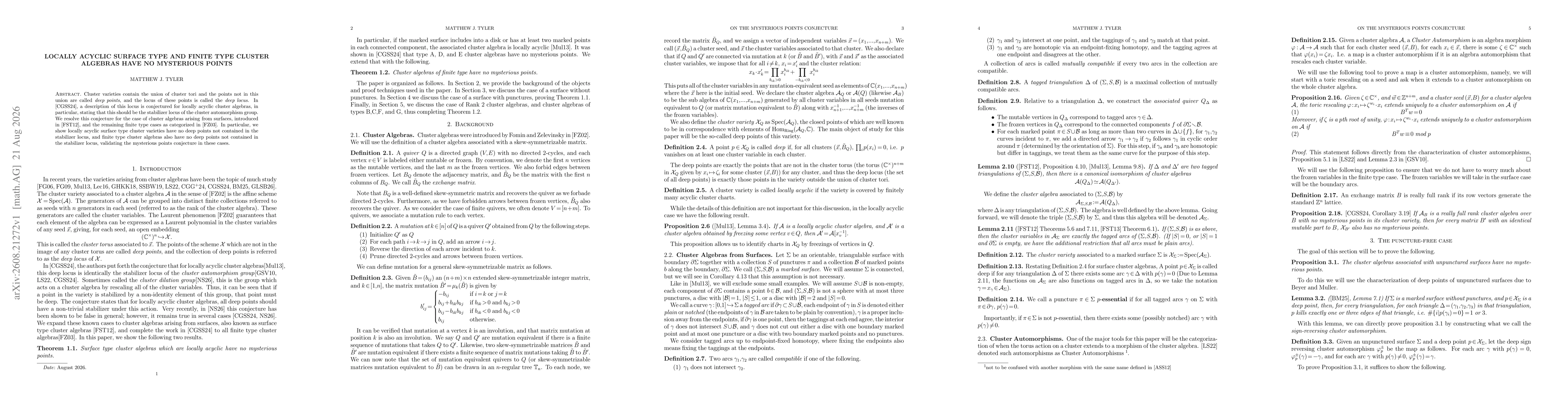 Thumbnail for Locally Acyclic Surface Type and Finite Type Cluster Algebras Have No Mysterious Points