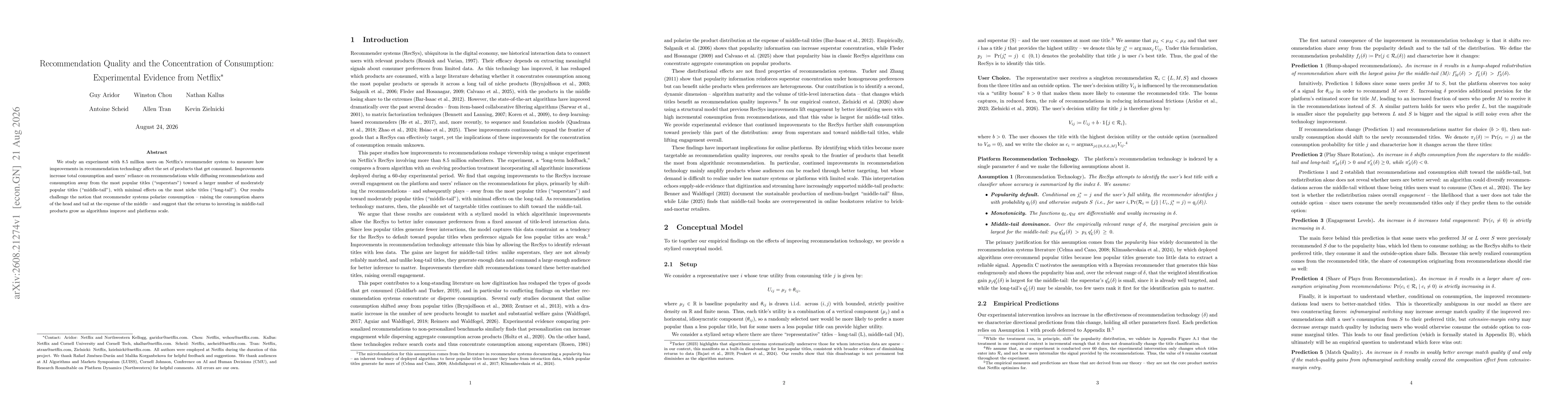 Thumbnail for Recommendation Quality and the Concentration of Consumption: Experimental Evidence from Netflix