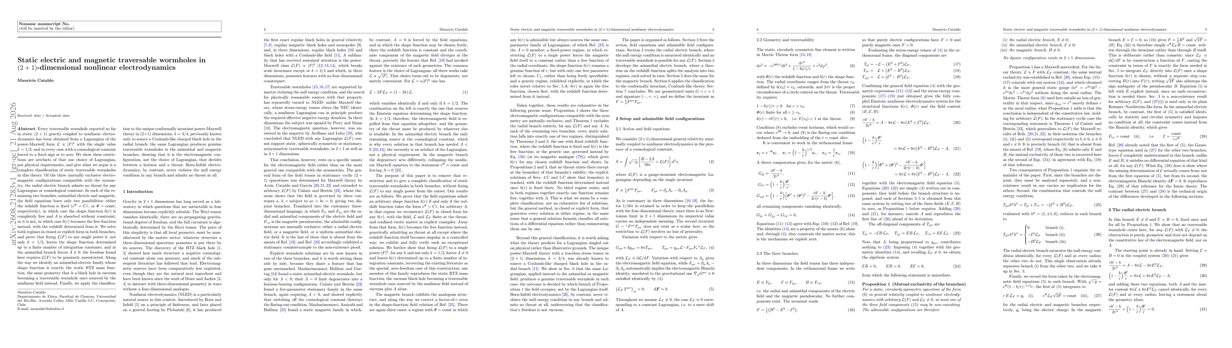 Thumbnail for Static electric and magnetic traversable wormholes in $(2+1)$-dimensional nonlinear electrodynamics