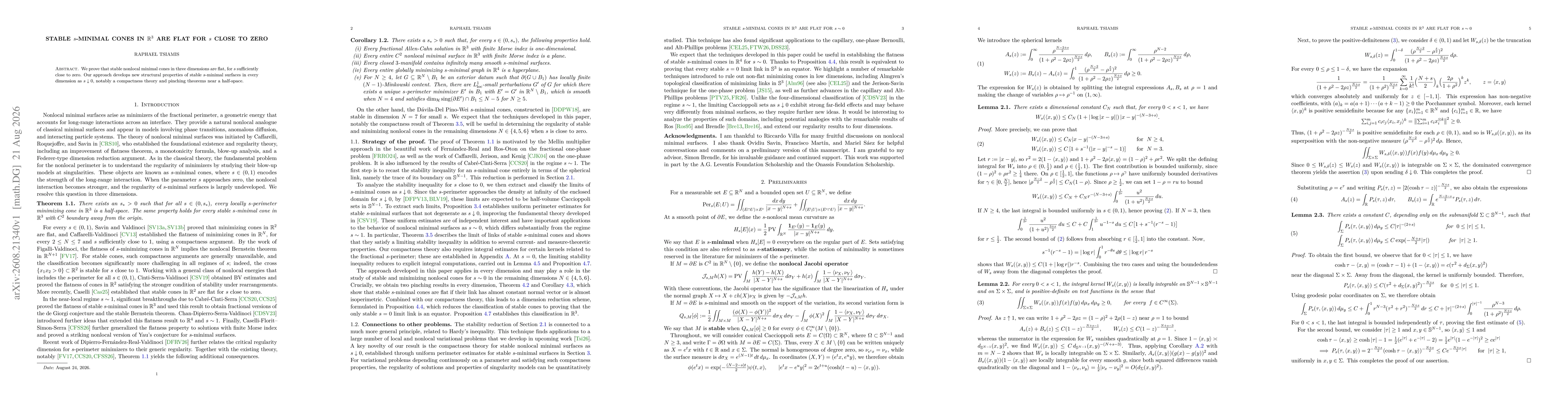 Thumbnail for Stable $s$-minimal cones in $\mathbb{R}^3$ are flat for $s$ close to zero