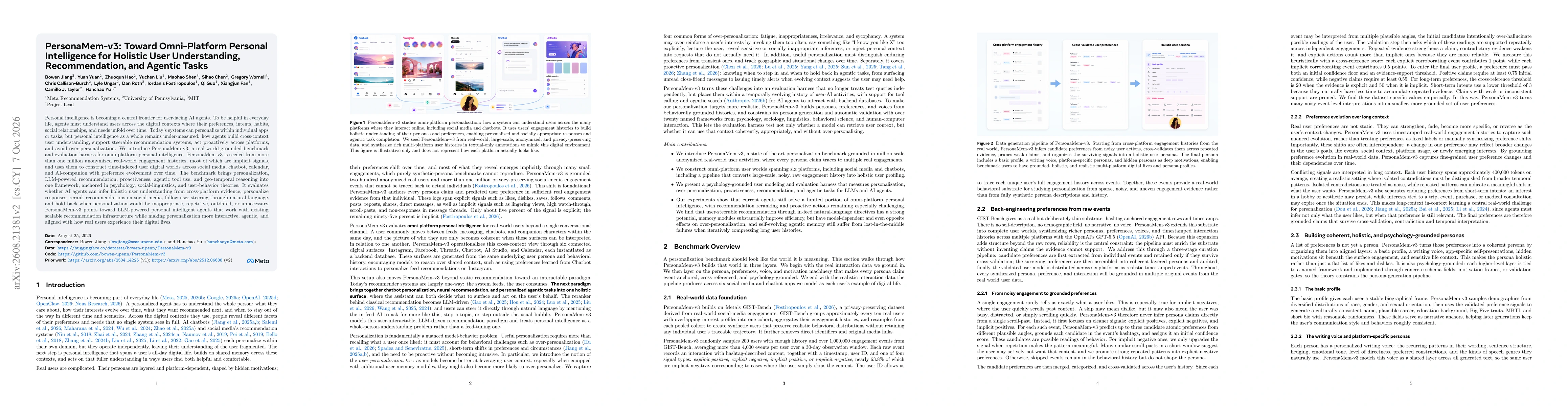 Thumbnail for PersonaMem-v3: Toward Omni-Platform Personal Intelligence for Holistic User Understanding, Recommendation, and Agentic Tasks