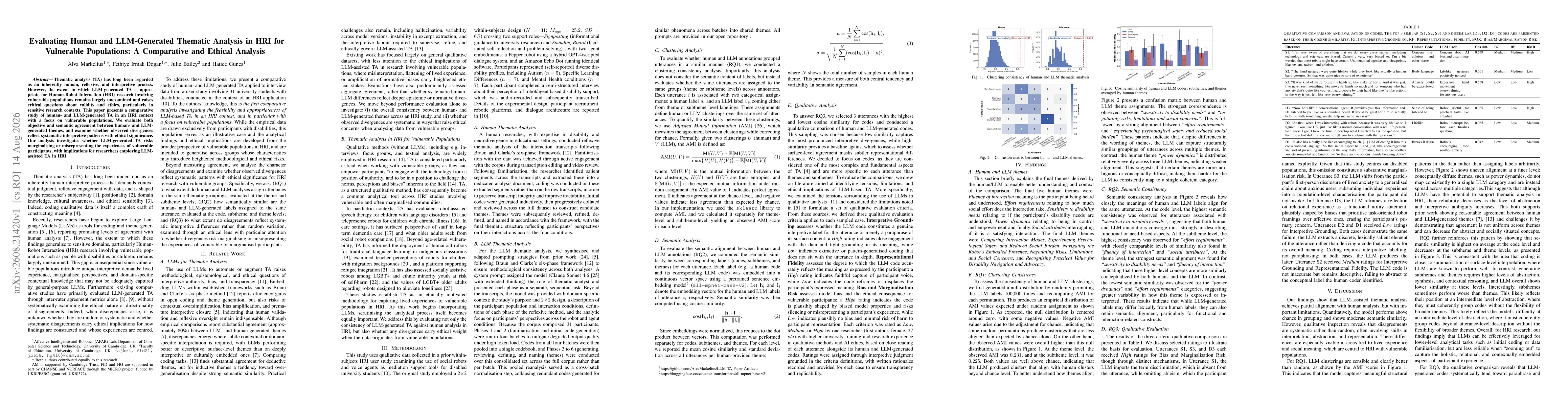 Thumbnail for Evaluating Human and LLM-Generated Thematic Analysis in HRI for Vulnerable Populations: A Comparative and Ethical Analysis