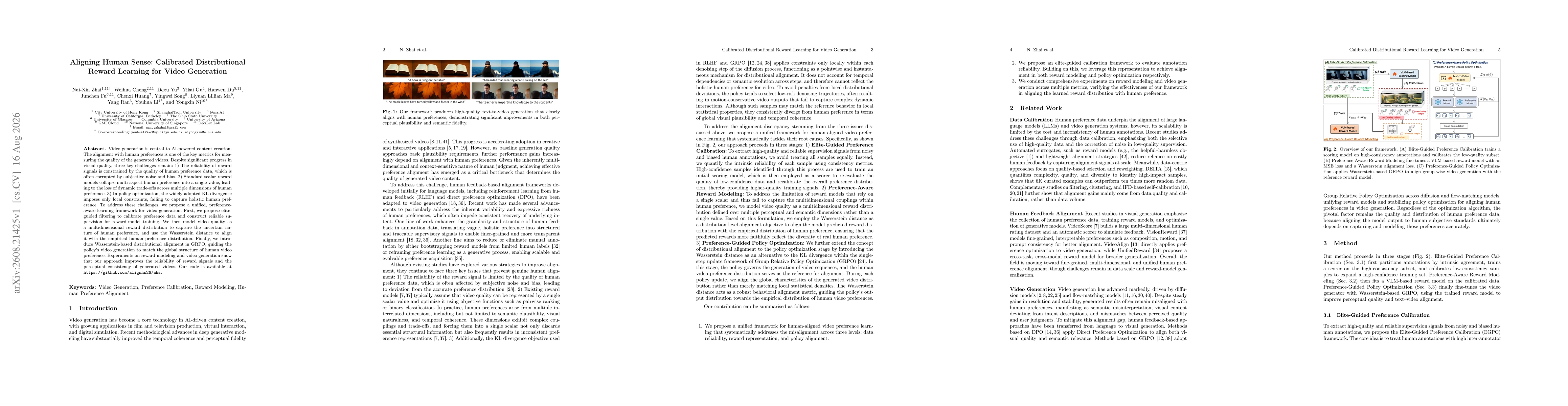Thumbnail for Aligning Human Sense: Calibrated Distributional Reward Learning for Video Generation