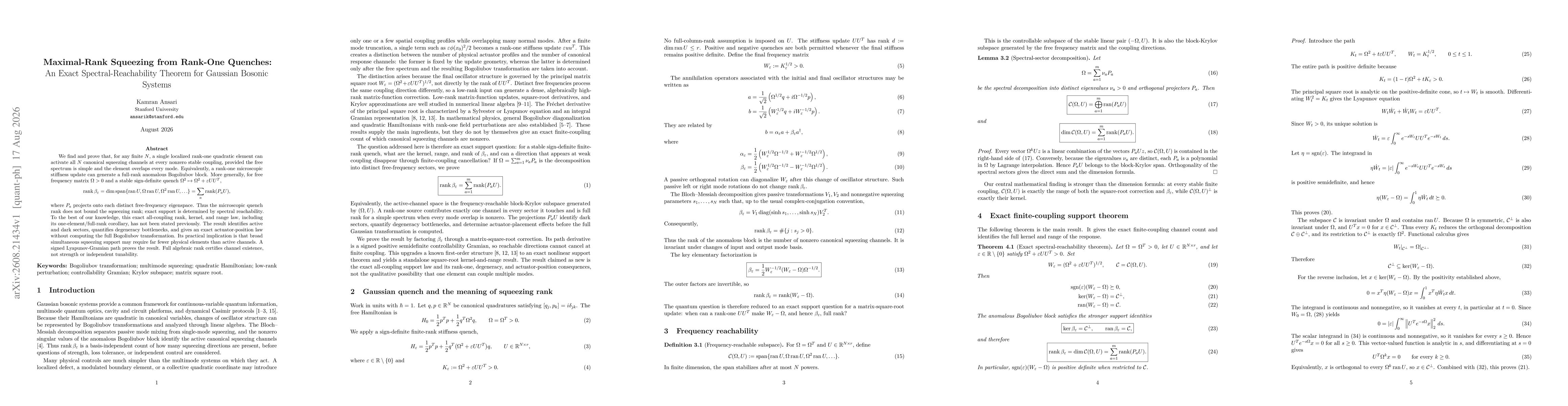 Thumbnail for Maximal-Rank Squeezing from Rank-One Quenches: An Exact Spectral-Reachability Theorem for Gaussian Bosonic Systems