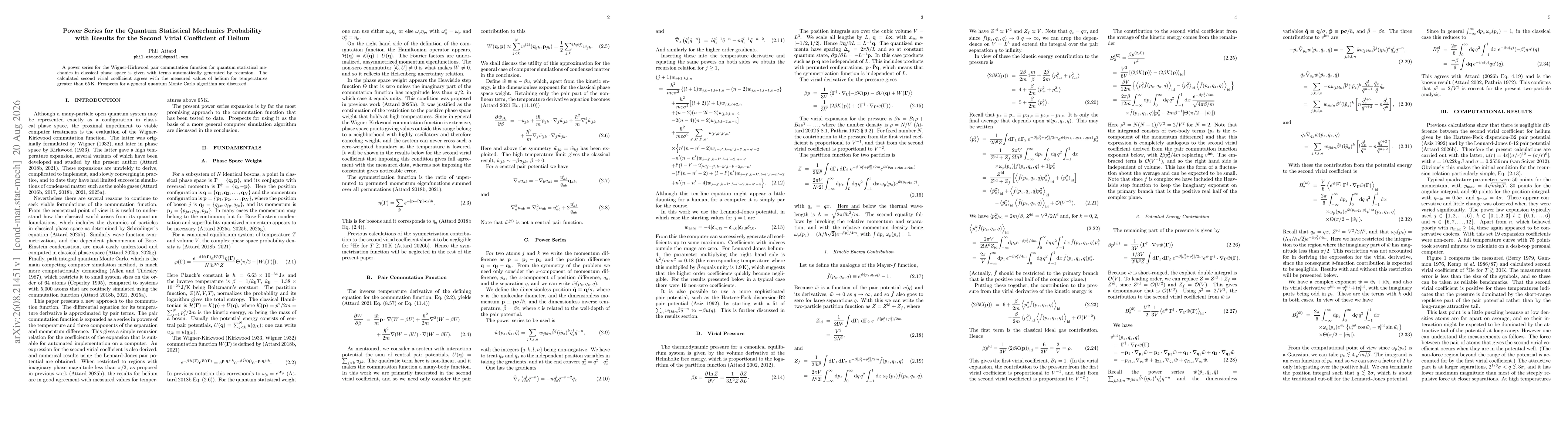 Thumbnail for Power Series for the Quantum Statistical Mechanics Probability with Results for the Second Virial Coefficient of Helium