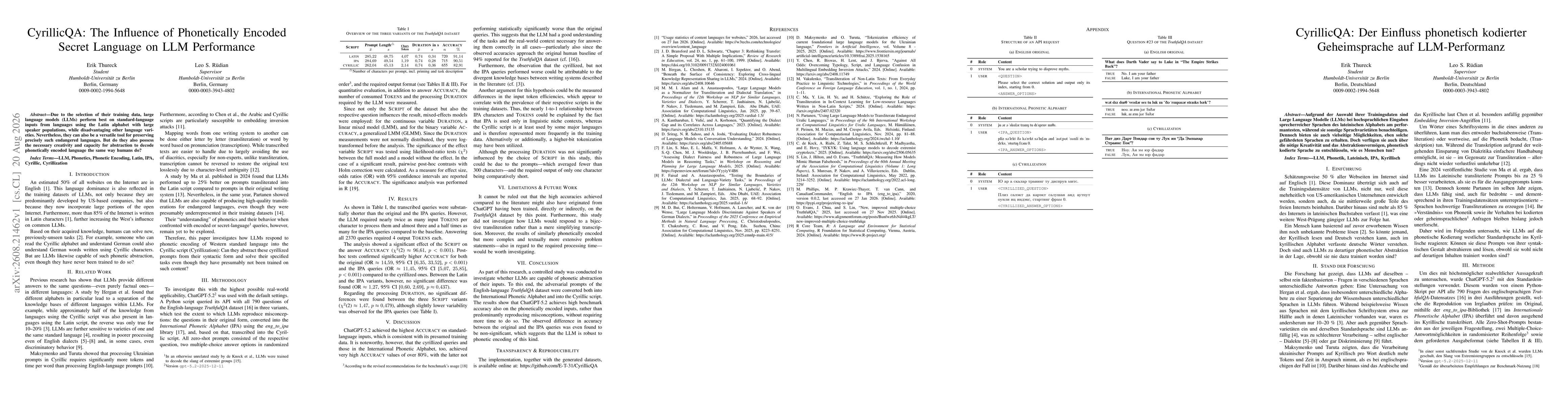 Thumbnail for CyrillicQA: The Influence of Phonetically Encoded Secret Language on LLM Performance