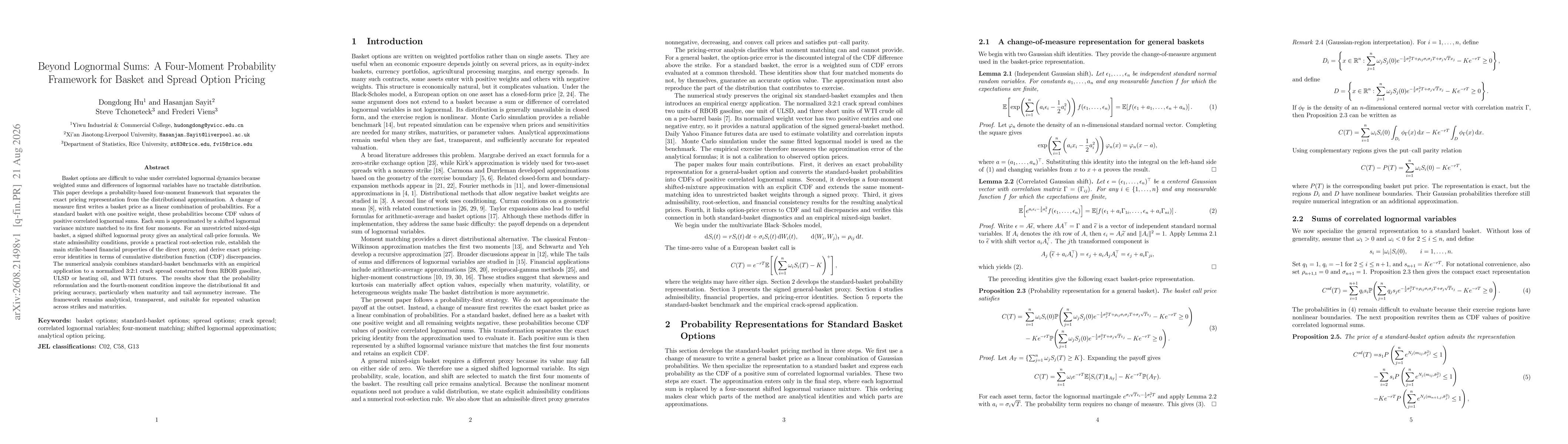 Thumbnail for Beyond Lognormal Sums: A Four-Moment Probability Framework for Basket and Spread Option Pricing