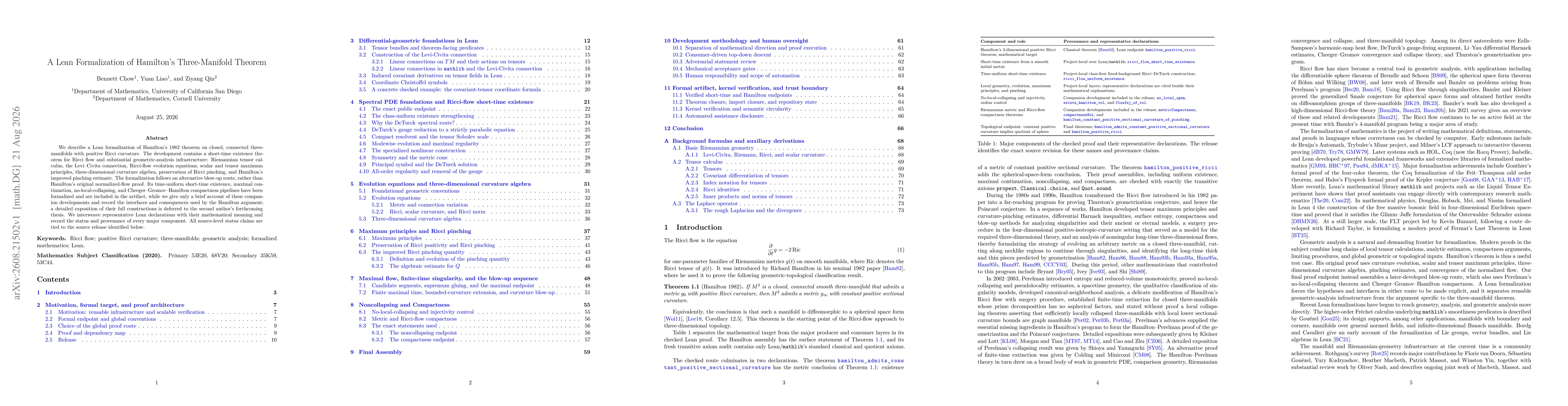 Thumbnail for A Lean Formalization of Hamilton's Three-Manifold Theorem