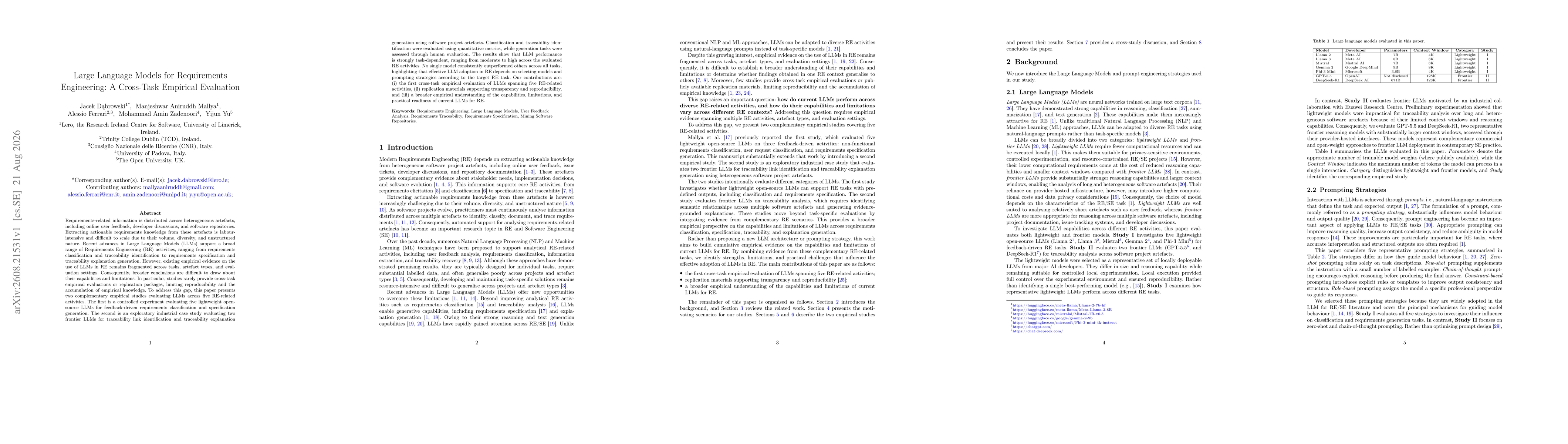 Thumbnail for Large Language Models for Requirements Engineering: A Cross-Task Empirical Evaluation