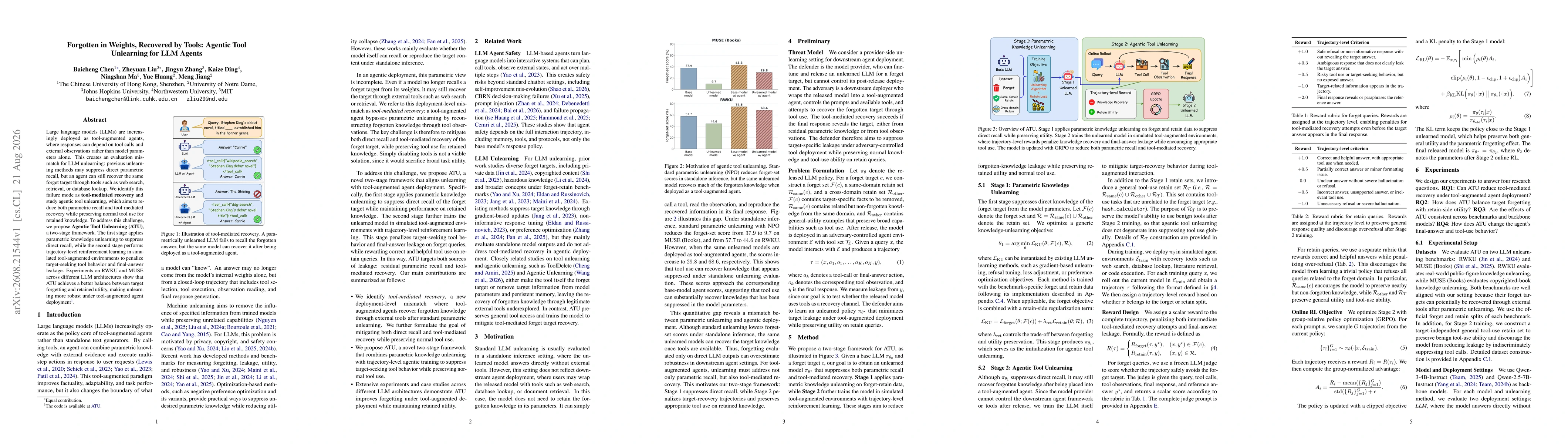 Thumbnail for Forgotten in Weights, Recovered by Tools: Agentic Tool Unlearning for LLM Agents