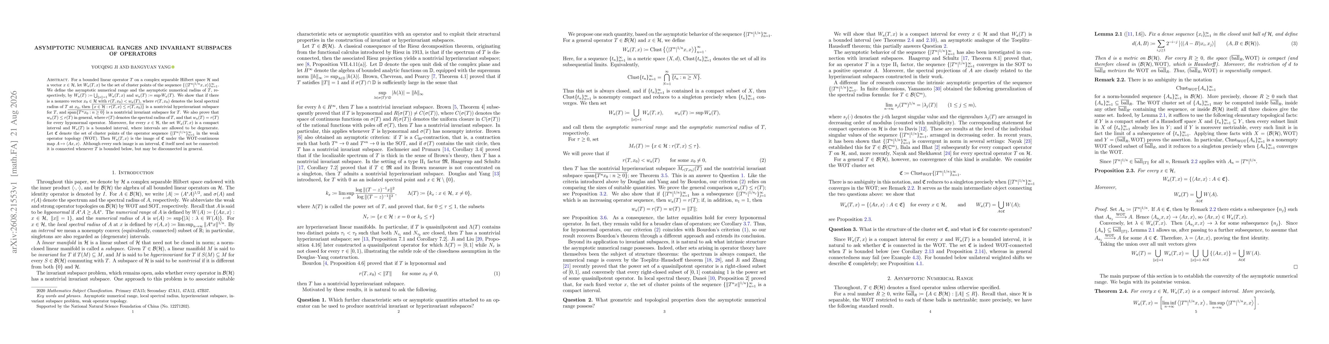 Thumbnail for Asymptotic Numerical Ranges and Invariant Subspaces of Operators