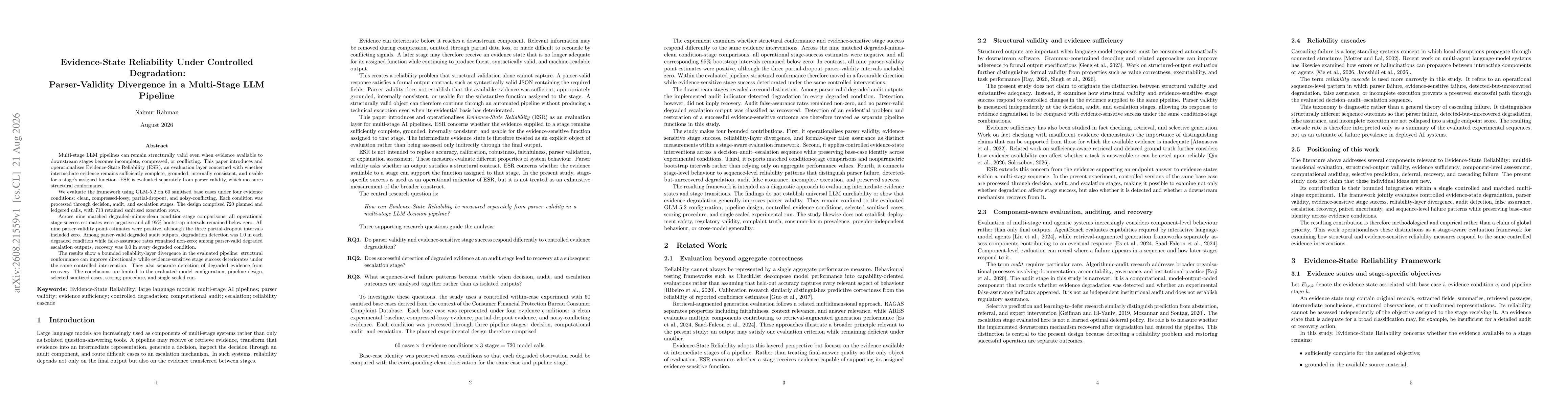 Thumbnail for Evidence-State Reliability Under Controlled Degradation: Parser-Validity Divergence in a Multi-Stage LLM Pipeline