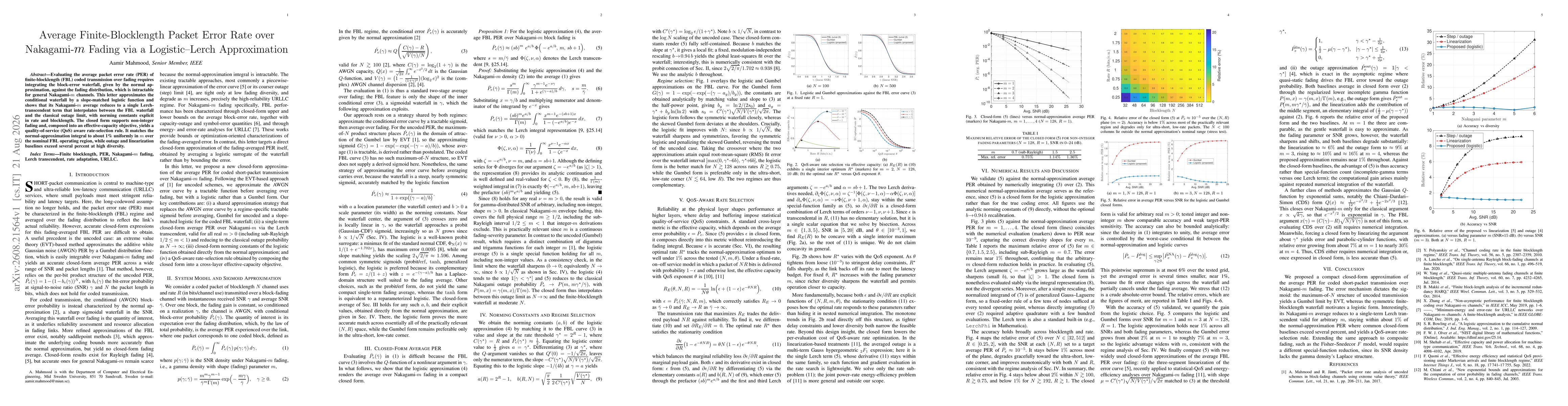 Thumbnail for Average Finite-Blocklength Packet Error Rate over Nakagami-$m$ Fading via a Logistic--Lerch Approximation