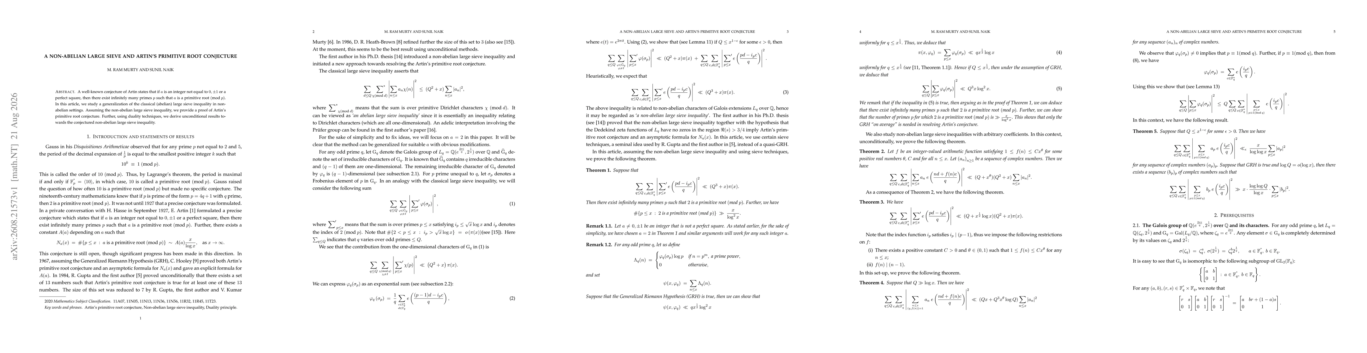 Thumbnail for A non-abelian large sieve and Artin's primitive root conjecture