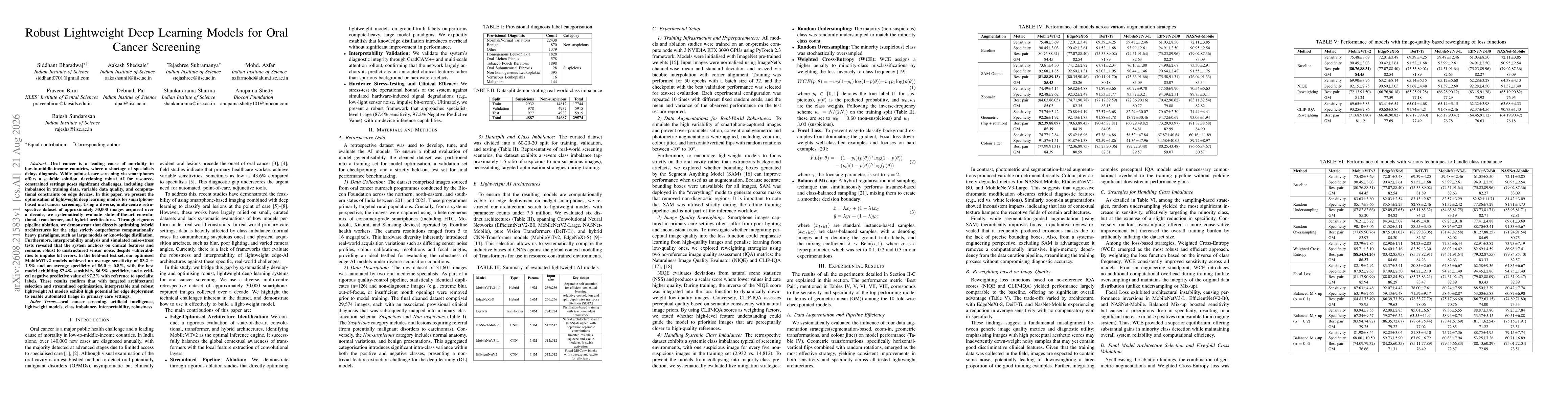 Thumbnail for Robust Lightweight Deep Learning Models for Oral Cancer Screening