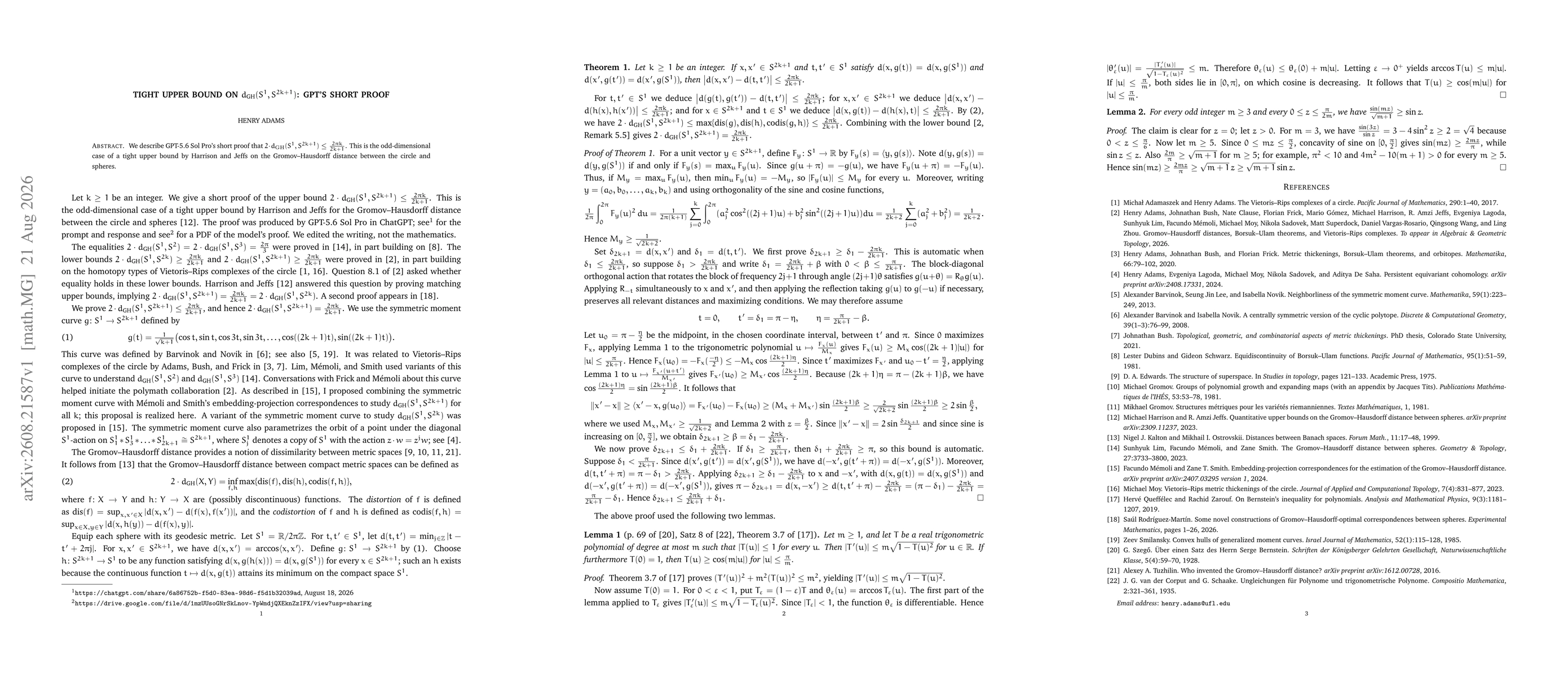 Thumbnail for Tight upper bound on $d_{GH}(S^1,S^{2k+1})$: GPT's short proof