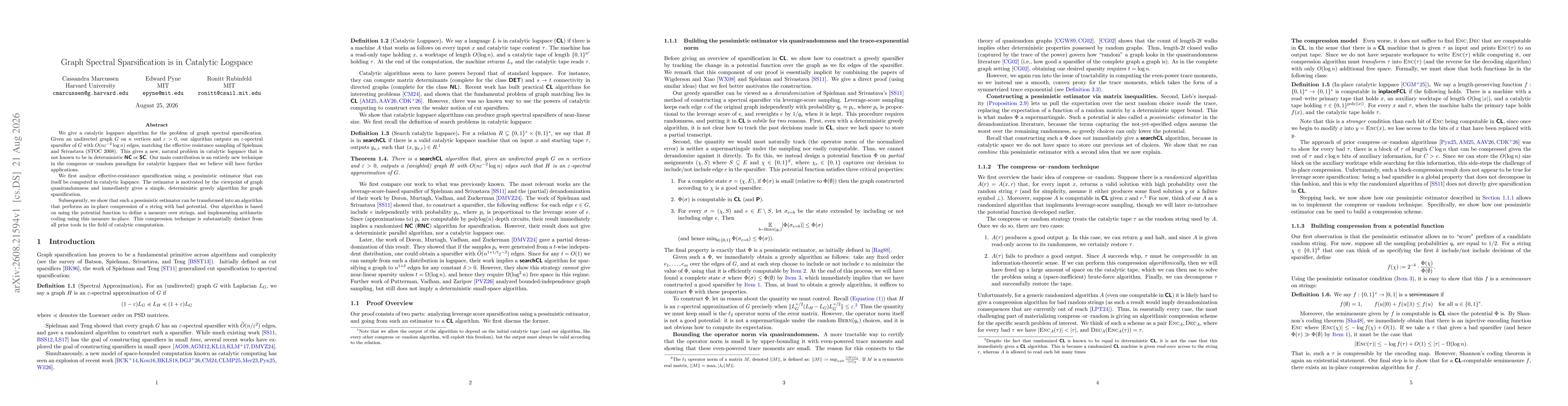 Thumbnail for Graph Spectral Sparsification is in Catalytic Logspace