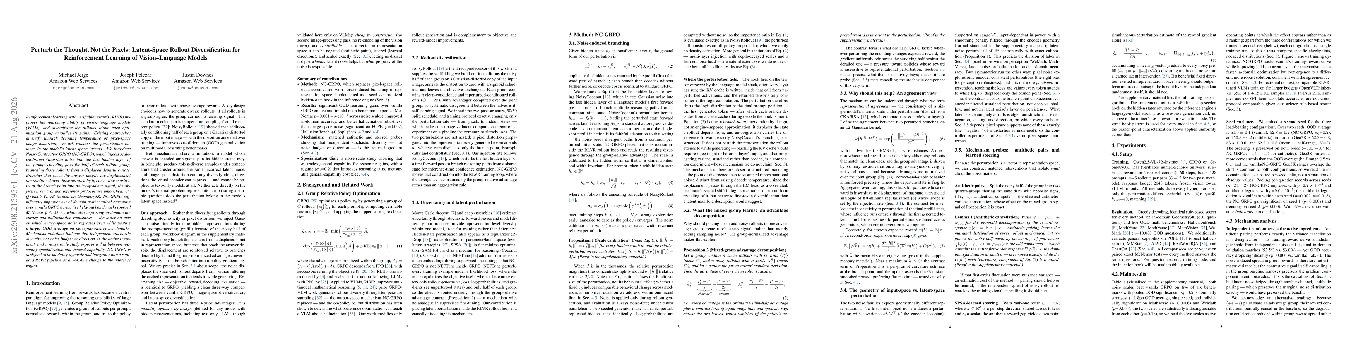 Thumbnail for Perturb the Thought, Not the Pixels: Latent-Space Rollout Diversification for Reinforcement Learning of Vision-Language Models
