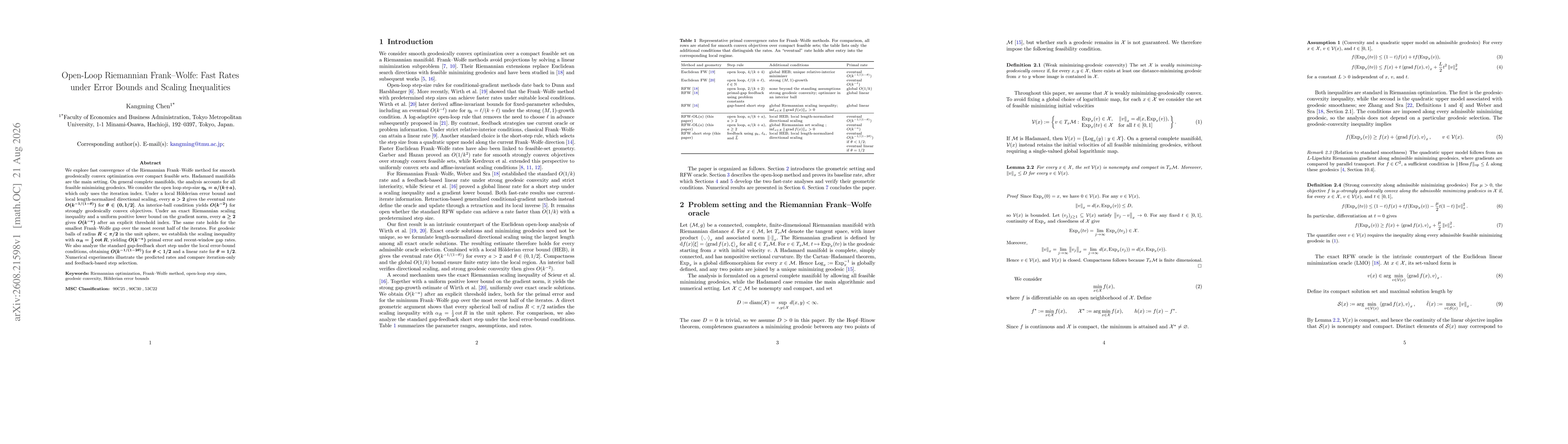 Thumbnail for Open-Loop Riemannian Frank--Wolfe: Fast Rates under Error Bounds and Scaling Inequalities