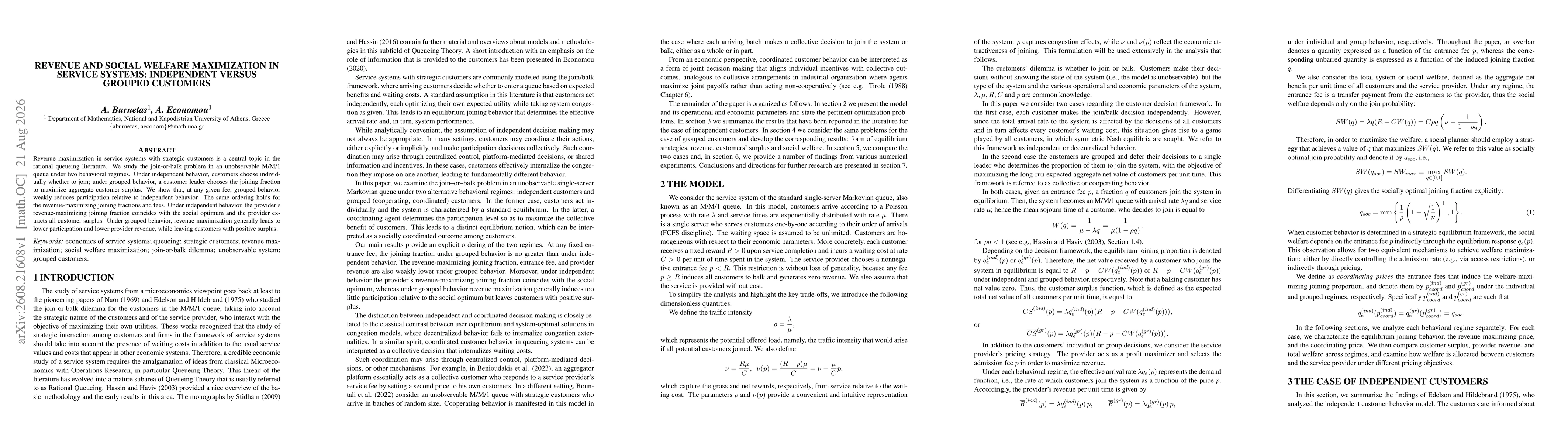 Thumbnail for Revenue and Social Welfare Maximization in Service Systems: Independent vs Grouped Customers