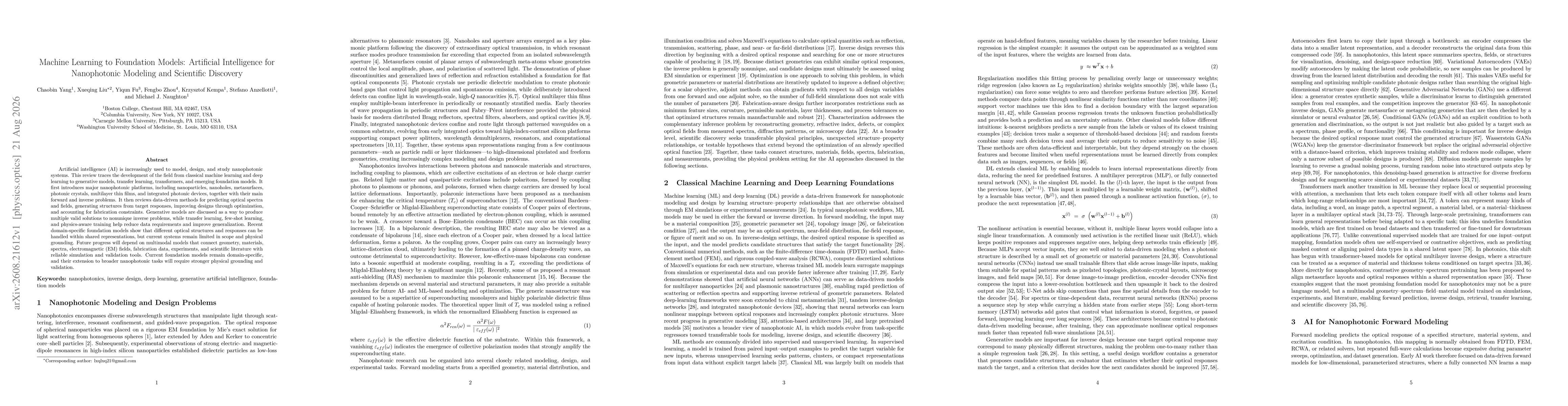 Thumbnail for Machine Learning to Foundation Models: Artificial Intelligence for Nanophotonic Modeling and Scientific Discovery