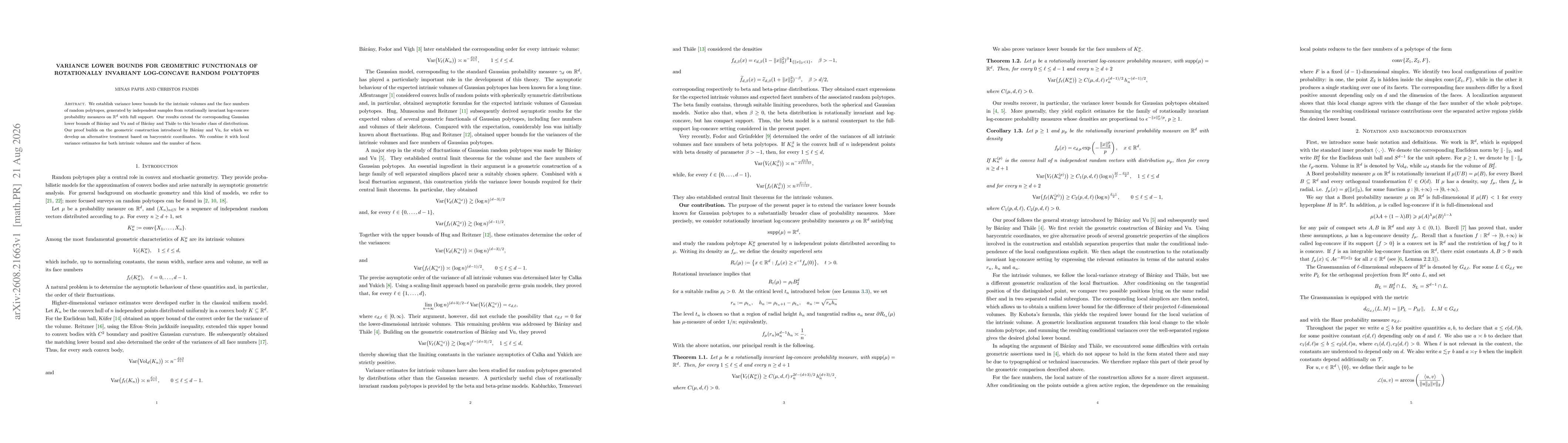 Thumbnail for Variance lower bounds for geometric functionals of rotationally invariant log-concave random polytopes