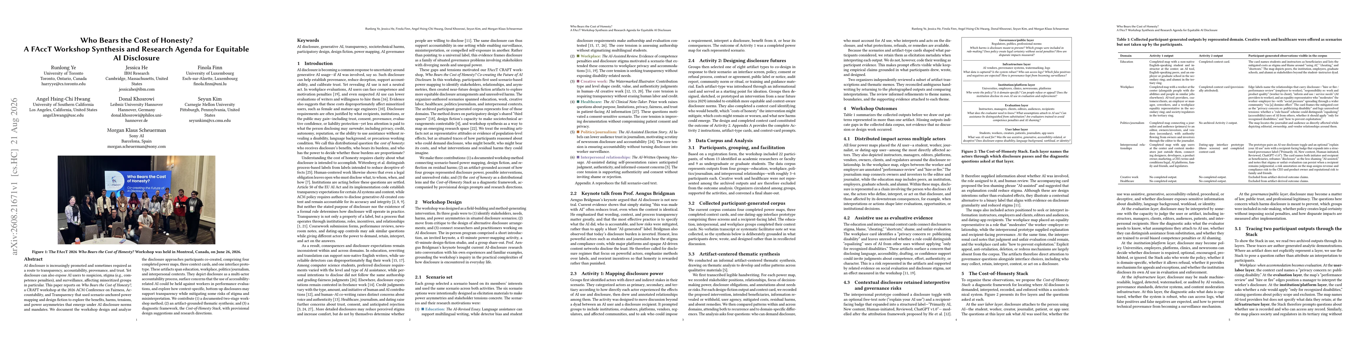Thumbnail for Who Bears the Cost of Honesty? A FAccT Workshop Synthesis and Research Agenda for Equitable AI Disclosure