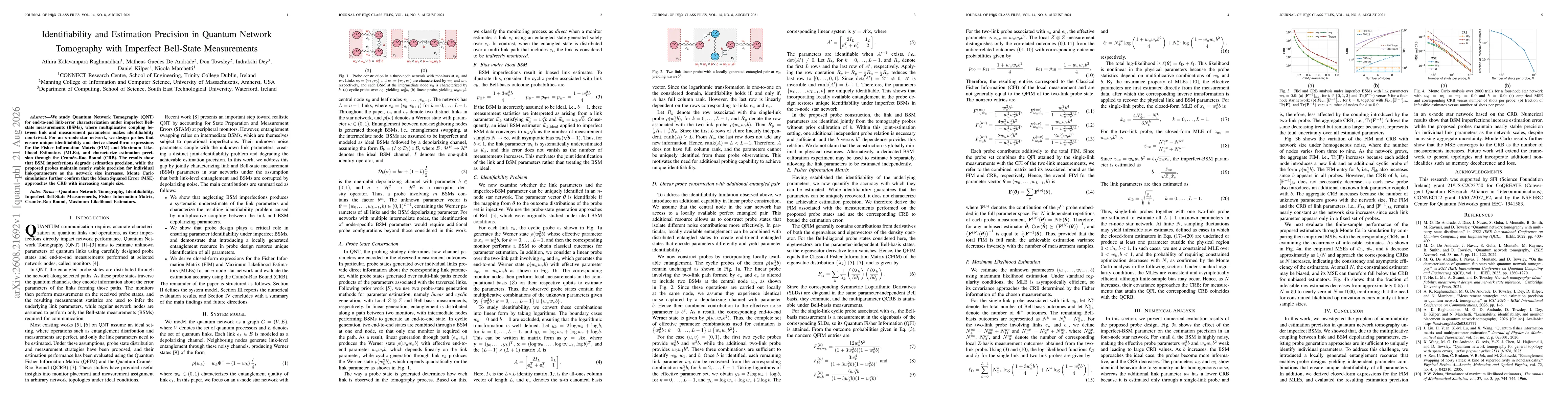 Thumbnail for Identifiability and Estimation Precision in Quantum Network Tomography with Imperfect Bell-State Measurements