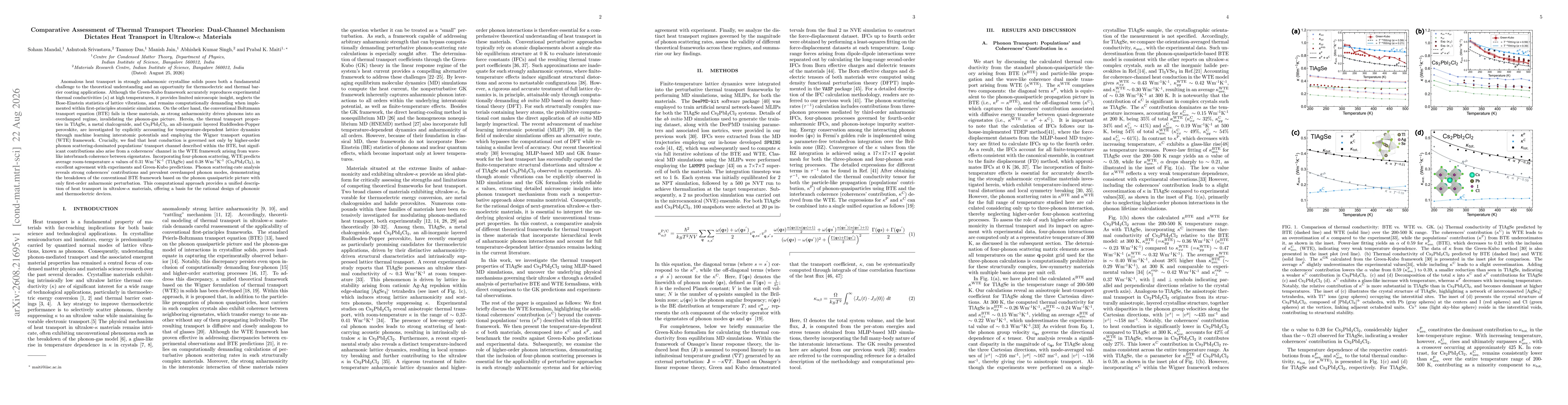 Thumbnail for Comparative Assessment of Thermal Transport Theories: Dual-Channel Mechanism Dictates Heat Transport in Ultralow-$κ$ Materials