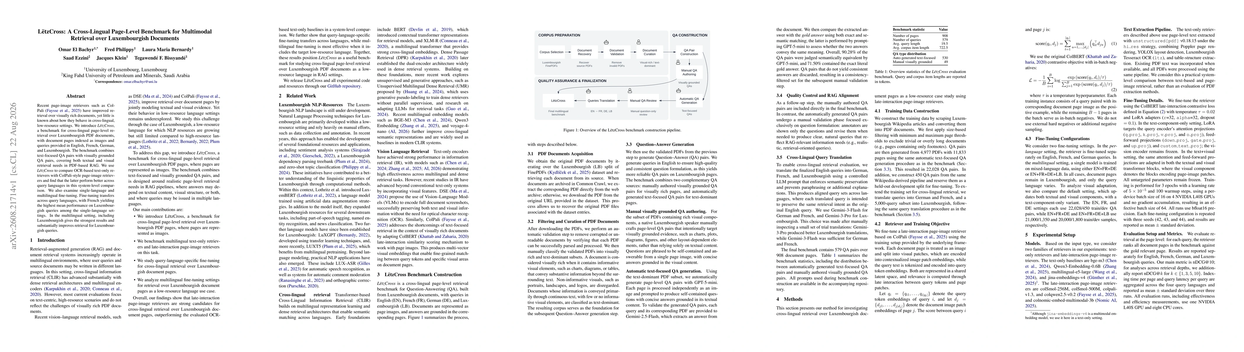 Thumbnail for LëtzCross: A Cross-Lingual Page-Level Benchmark for Multimodal Retrieval over Luxembourgish Documents
