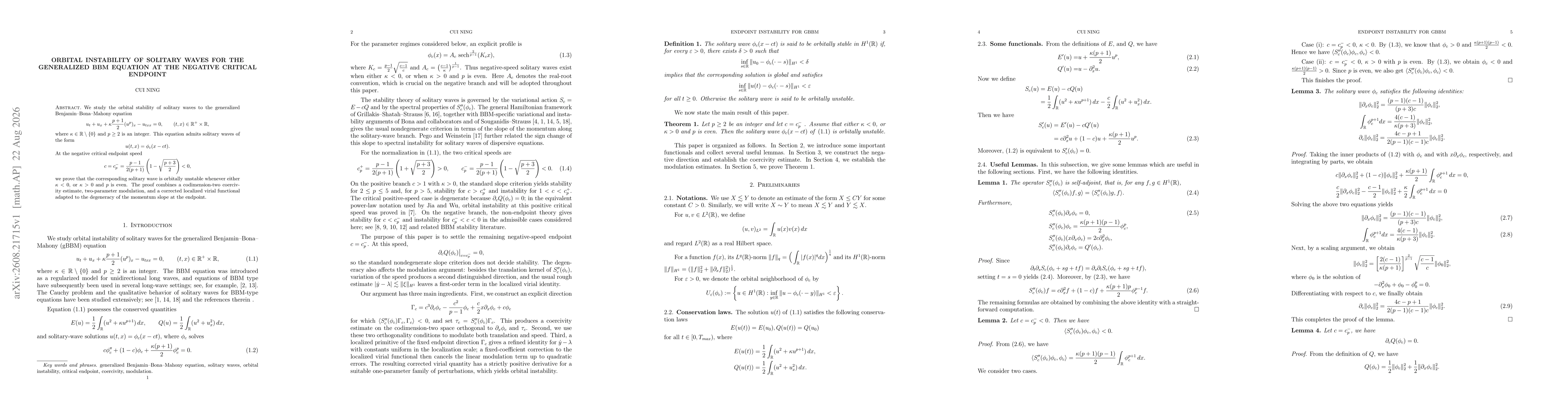 Thumbnail for Orbital instability of solitary waves for the generalized BBM equation at the negative critical endpoint