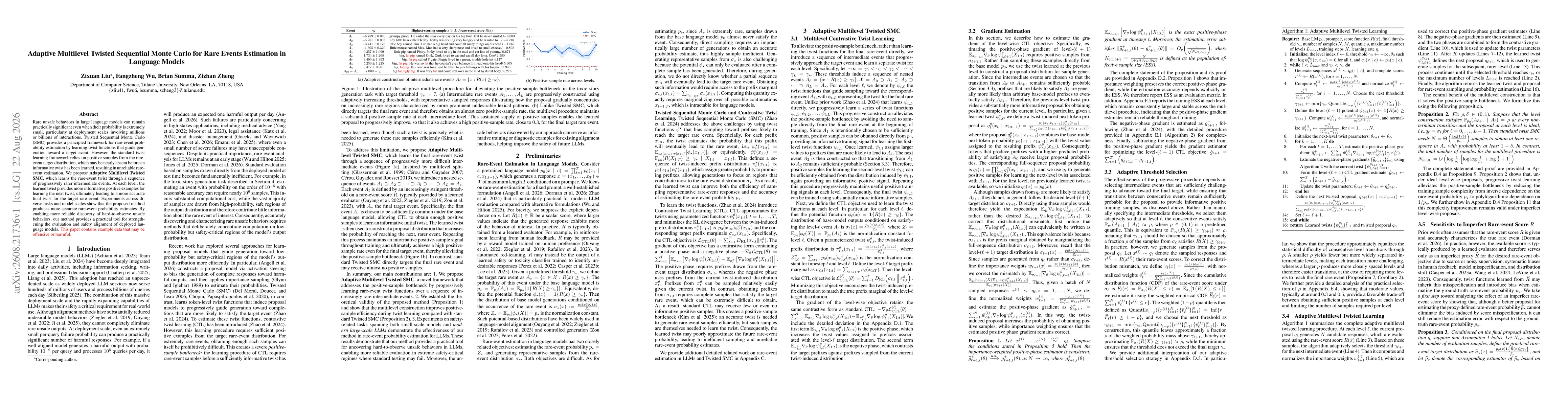 Thumbnail for Adaptive Multilevel Twisted Sequential Monte Carlo for Rare Events Estimation in Language Models