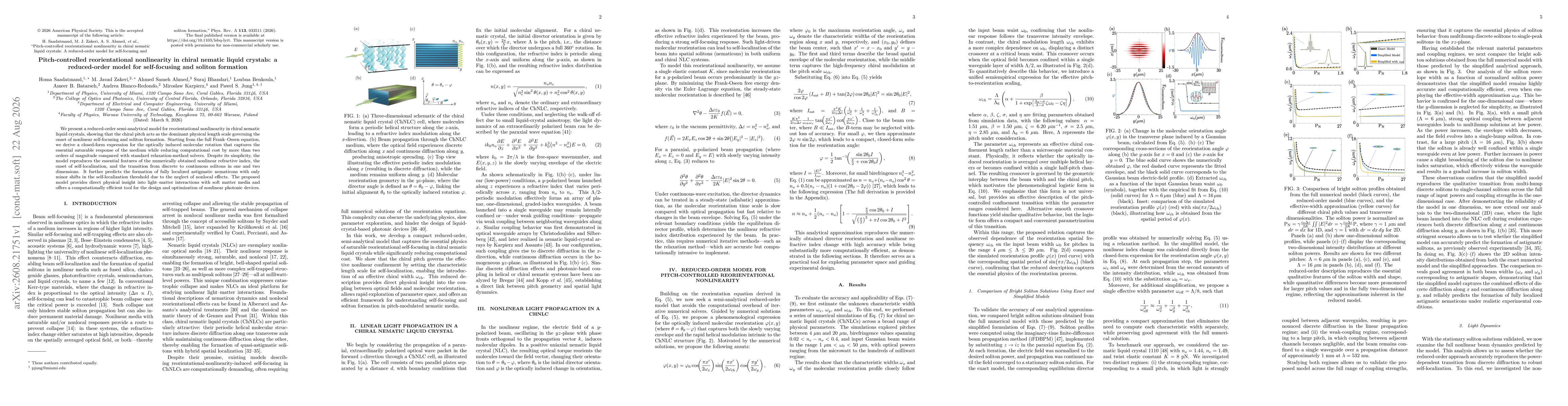 Thumbnail for Pitch-controlled reorientational nonlinearity in chiral nematic liquid crystals: a reduced-order model for self-focusing and soliton formation