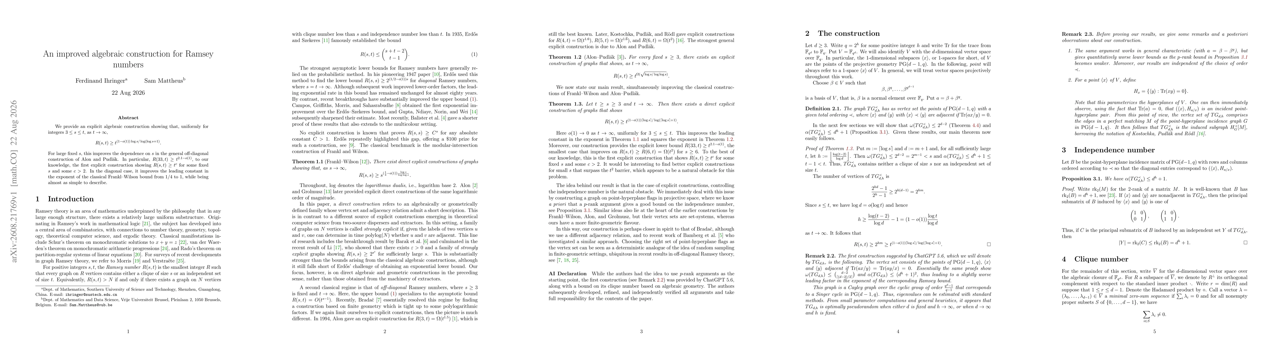 Thumbnail for An improved algebraic construction for Ramsey numbers