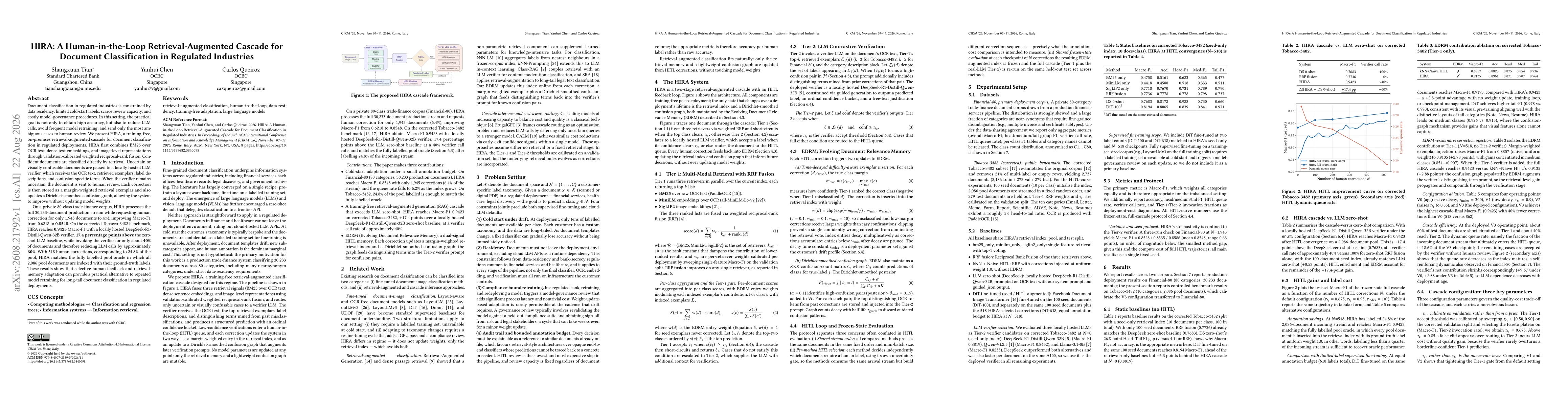 Thumbnail for HIRA: A Human-in-the-Loop Retrieval-Augmented Cascade for Document Classification in Regulated Industries
